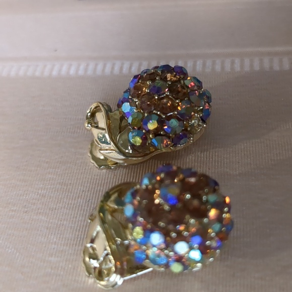 Vintage 60s Ab Crystal Earrings Peach Fruit Clip-on Mid Century - Picture 4 of 10